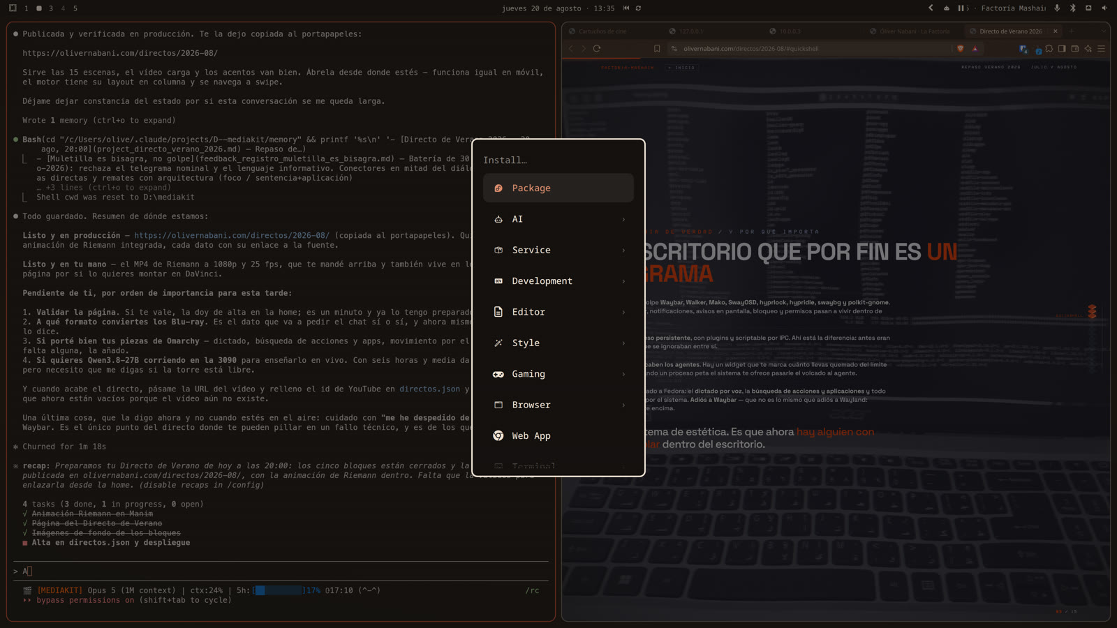 Menú de acciones de Omarchy en Fedora